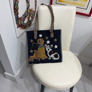 America & Beyond Embroidered Beaded Dogs Tote Bag